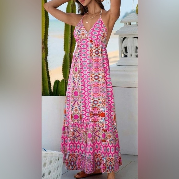 Bohemian Backless Ruffle Hem Halter Beach Casual Maxi Dress - Picture 6 of 6